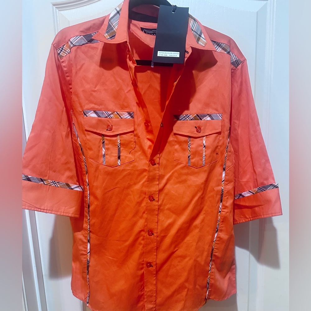 NWT Lamasini Men’s Orange Button-Up Shirt with Plaid Accents size S